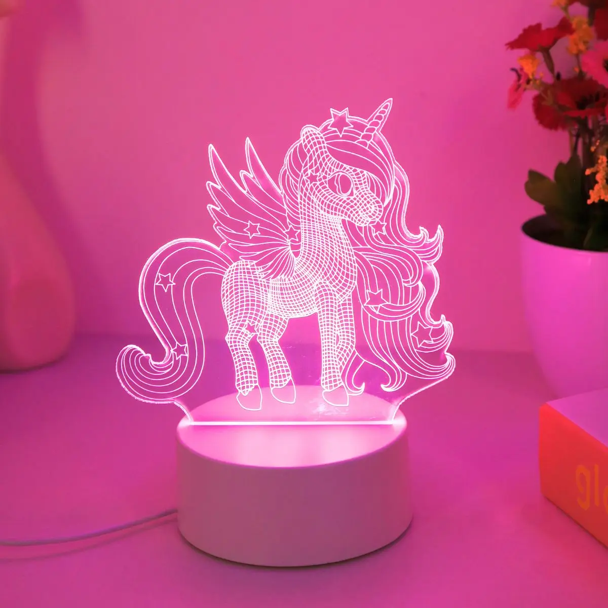 USB 꿈같은 3D 유니콘 야간 조명, 핑크 LED 조명, 침실, 파티, 거실, 결혼식, 장식 분위기, 선물 조명.