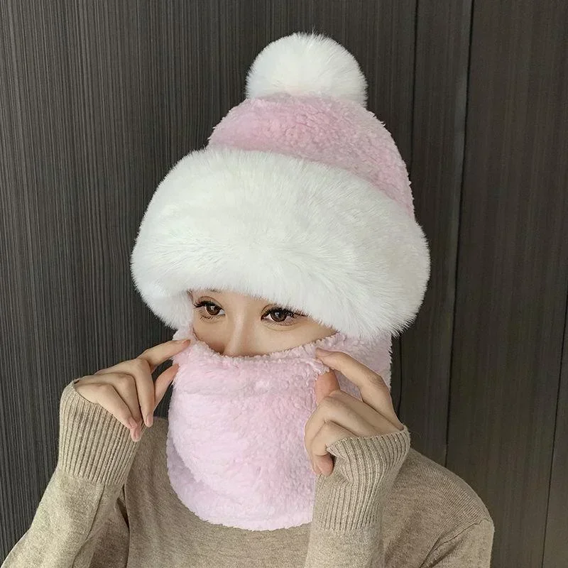 New Scarf Integrated Hat 2-in-1 Women's Thickened Double Layer Warm Plush Hat Scarf Children's Winter Cold Neck Warm Hat 6