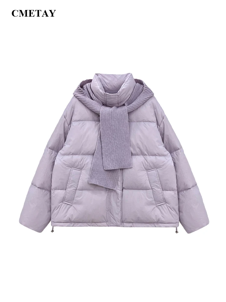 

Winter Down Cotton Jacket+Knitted Hooded Scarf Two Piece Set Women 2023 Korean Loose Stand Collar Thick Warm Parkas Jacket Coat