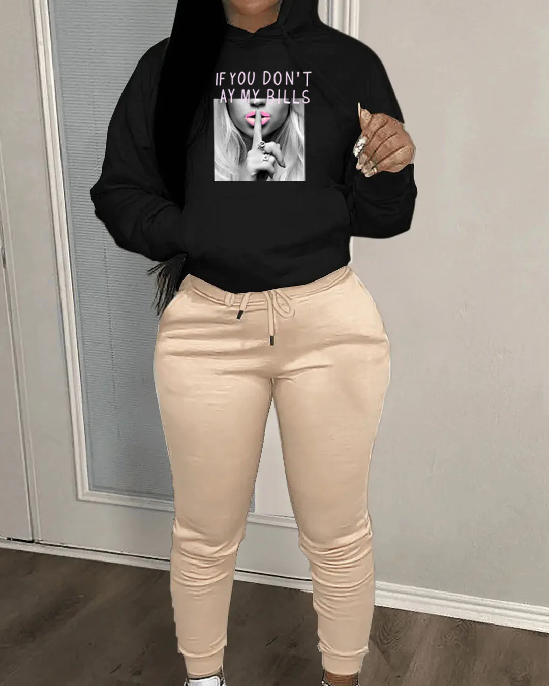 

Women's Letter Print 2 Piece Outfits Teddy Bear Letter Print Kangaroo Pocket Tracksuit Set Long Sleeve Sweatshirt And Pants
