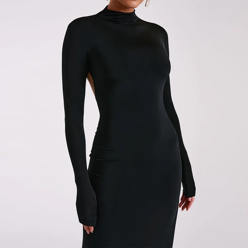 Elegant Basic Long Sleeve Solid Hole Backless Slit Split Women'S Dresses Party Club Evening Wholesale Winter Clothes