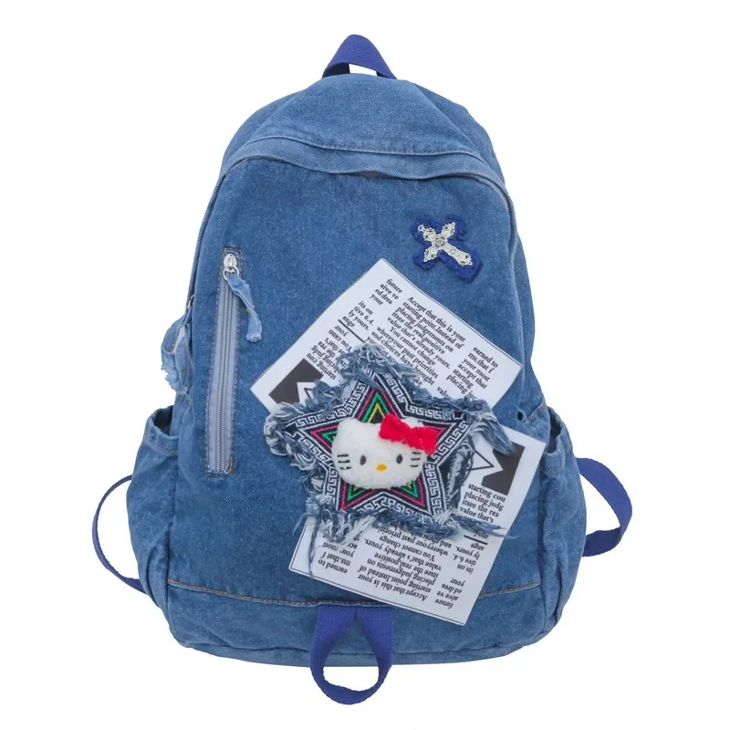 MINISO Hello Kitty Denim Color Block Backpack Large Capacity Cartoon Backpack Female College Student School Bag