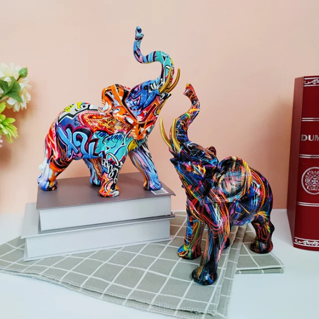 Sculpture d'éléphant de graffiti de peinture nordique, figurine d'art, statue d'éléphant créative, artisanat de résine, ornements de décoration à la maison 2