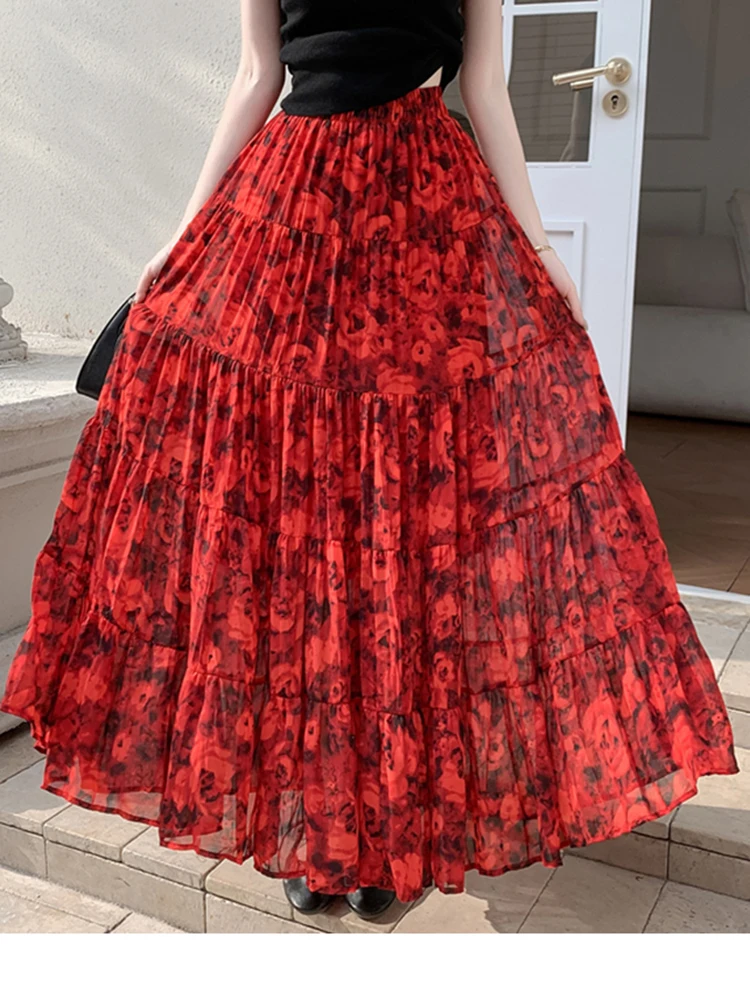 2025 Spring Summer Pleated Printed Skirt for Women New Retro
