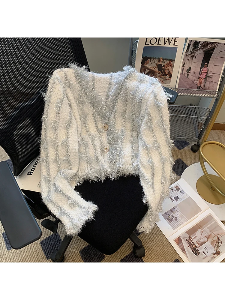 

Женский серебристый кардиган, вязаный свитер в стиле Харадзюку, в Корейском стиле 90-х, Y2k, с V-образным вырезом и длинными рукавами, джемпер, свитер, модная винтажная одежда 1920-х годов