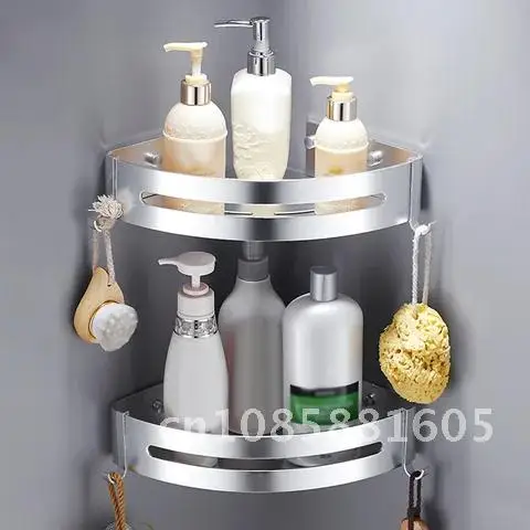 

Shower Caddy Storage Rack Holder 2 Tiers Corner Bathroom Shelf Wall Mounted 6 Hooks No Drilling Adhesive for Kitchen Hanging
