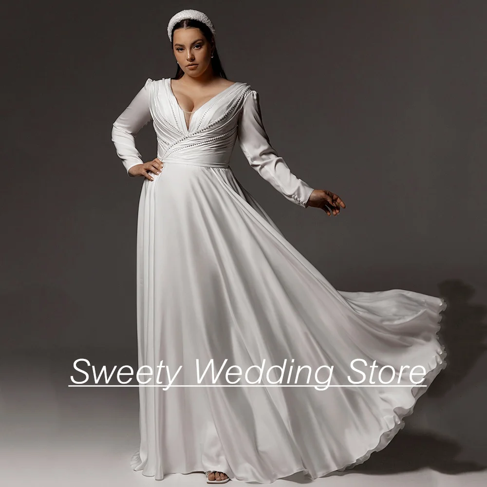 

Plus Size Corset Wedding Dress Long Sleeves V Neck Pearls Chiffon Bridal Gown Sweep Train A Line Beach Bride Dresses