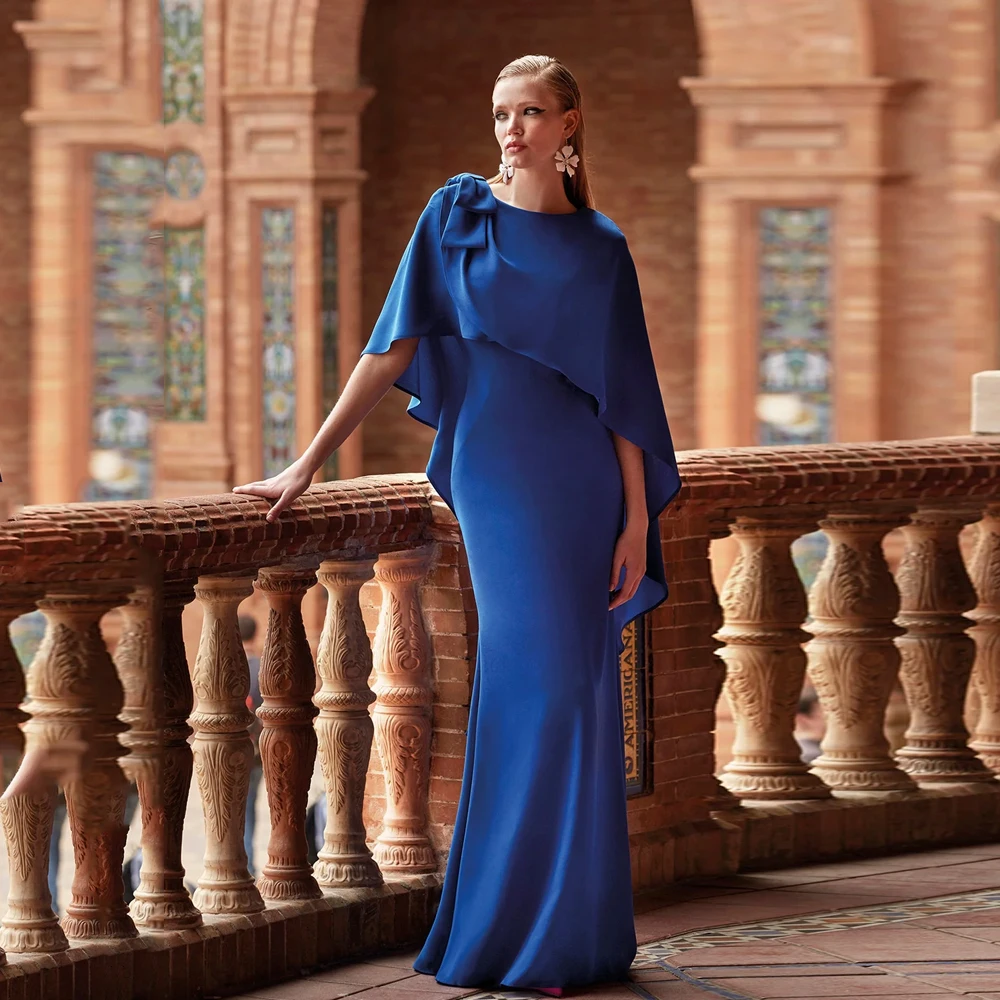 

Elegant Royal Blue Mother of the Bride Dresses O Neck 3/4 Sleeves Wedding Party Gowns Bow Floor-Length Mermaid فساتين السهرة