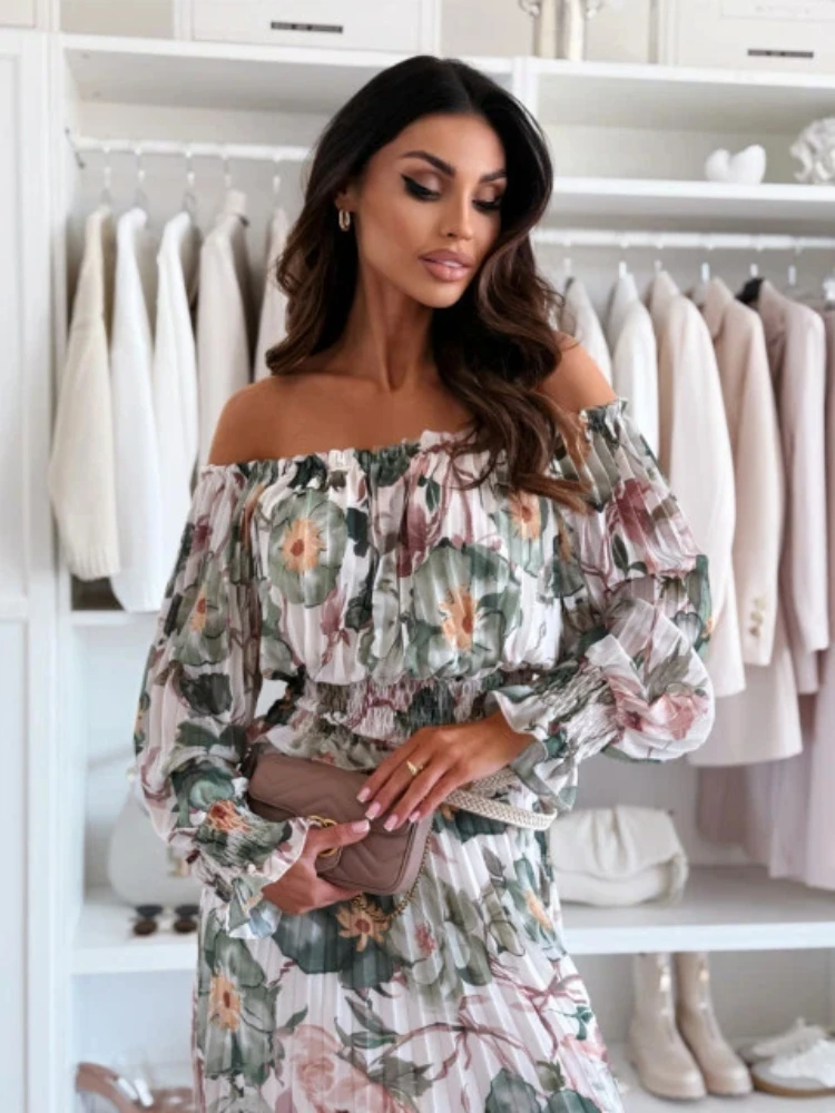 New Women's One Shoulder Long Sleeved Flared Sleeve Printed Top and Skirt Set Fashionable and Casual Women's Clothing 356