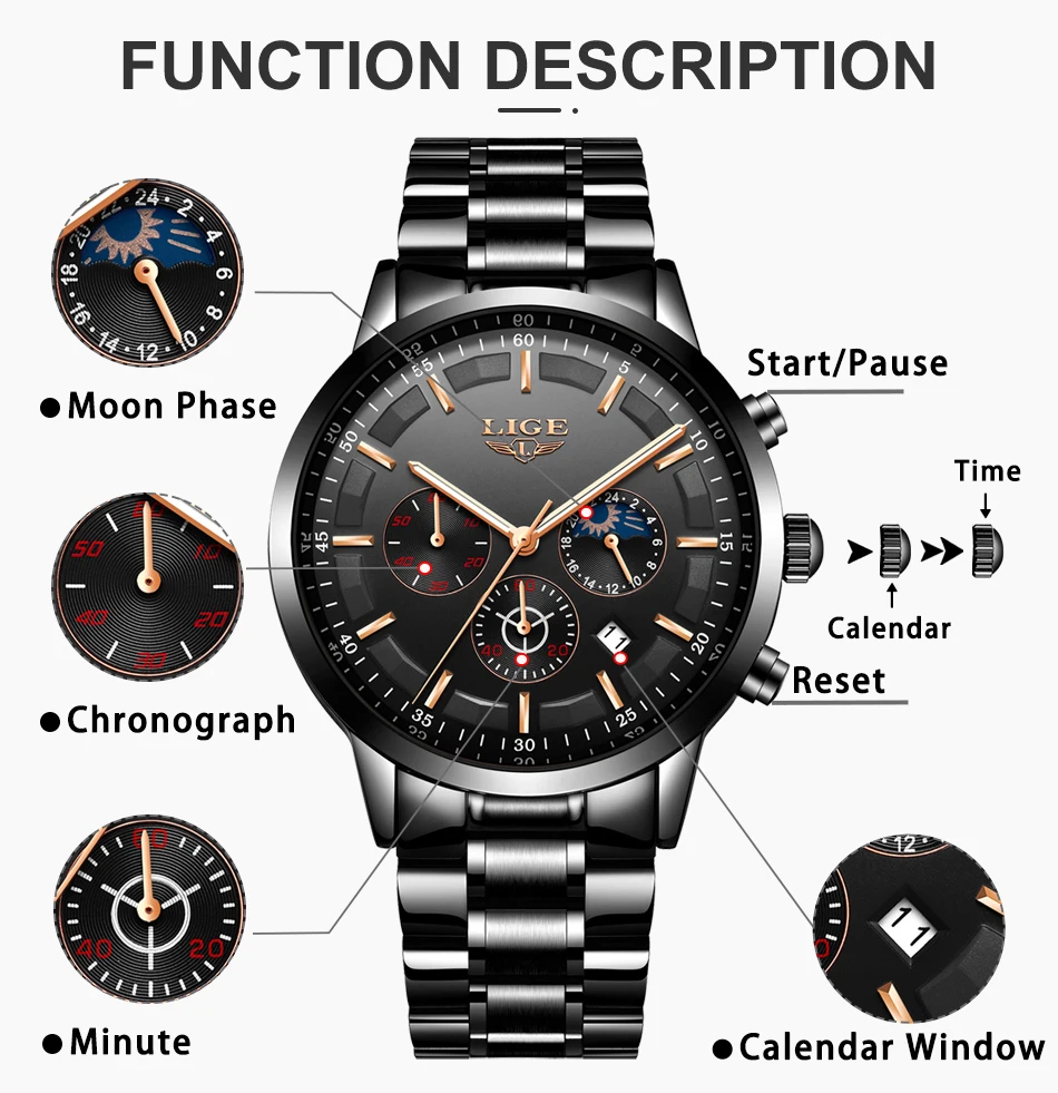 LIGE Men Watches Steel Wristwatch Sport Waterproof Chronograph Analog Quartz Watch Man Business Date Clock Luxury Watch for Men