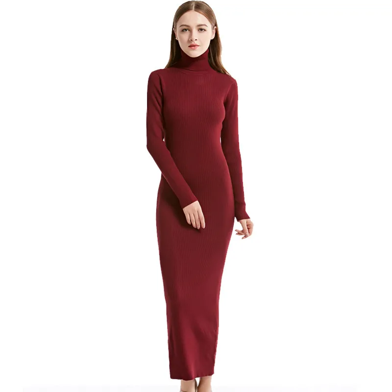 

2024 New Fashion Women Sexy Party Dress Knit Style Long Sleeve Turtleneck Winter Maxi Dress Slim Work Wear Office Dress Vestidos