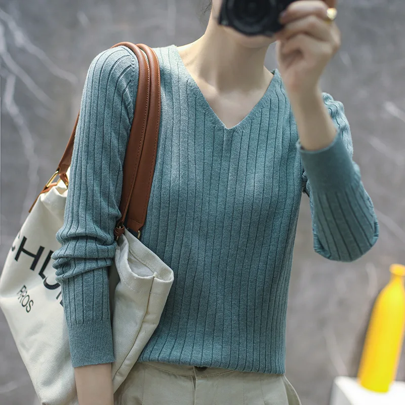 cropped cardigan Womens Sweater Long Sleeve V-neck Pullover Solid Bottoming Shirts Autumn Winter Knitted Tops Stripe Grey Blue Female Jumpers Sweaters Sweaters