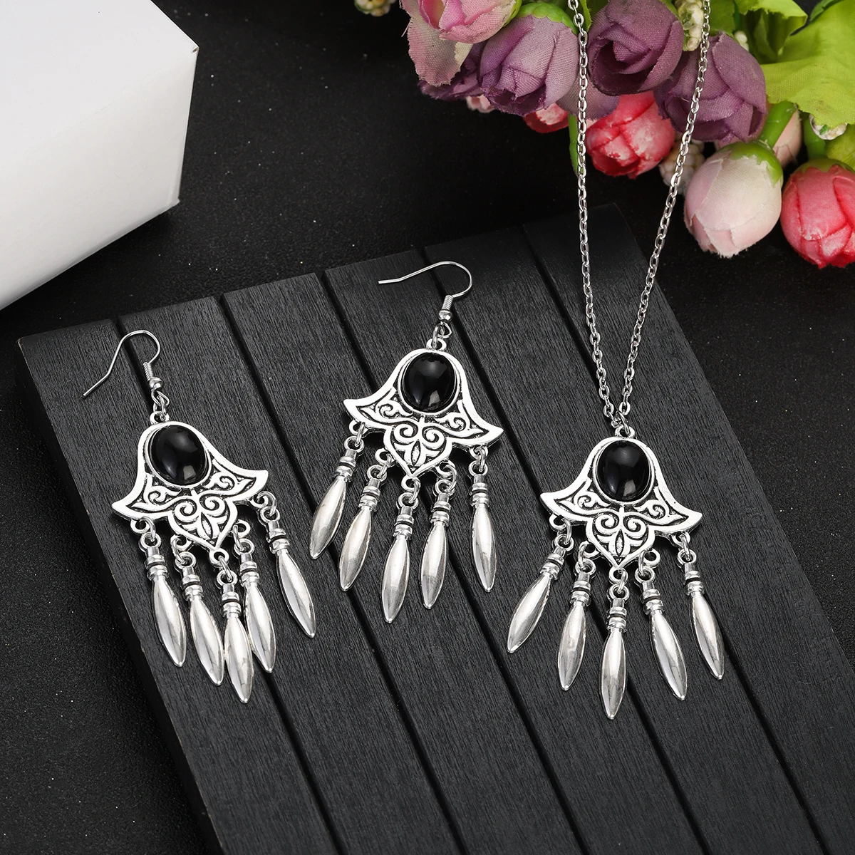 Ethnic Silver Plated Geometric Carved Tassel Jewelry Set with Blue Turquoise