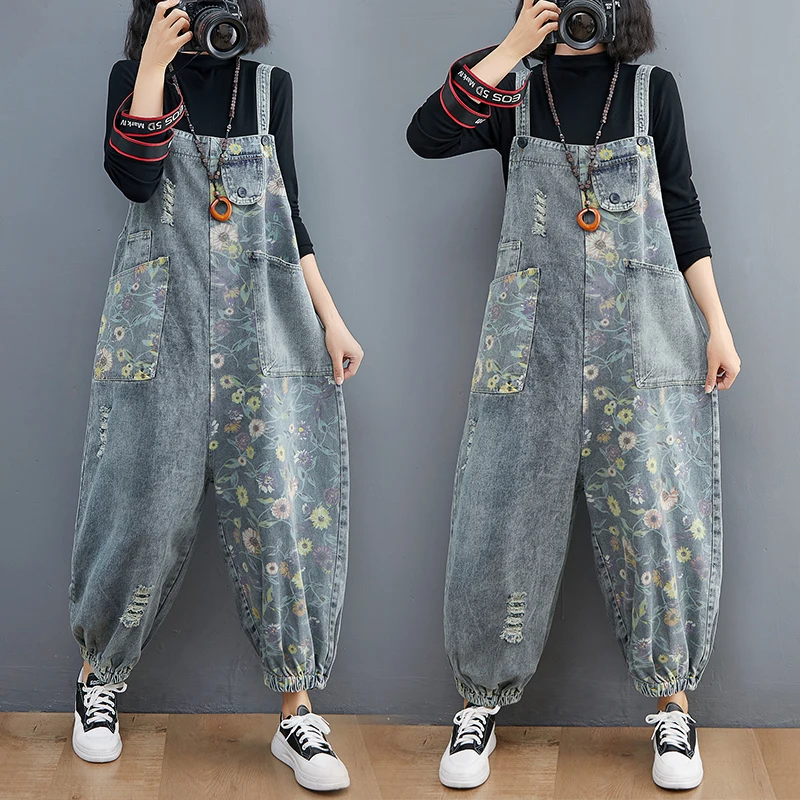 

Spring Fashion Women's Floral Print Loose Casual Denim Pants Female Retro Hole Suspender Jeans Pocket Patchwork Hip Hop Jumpsuit