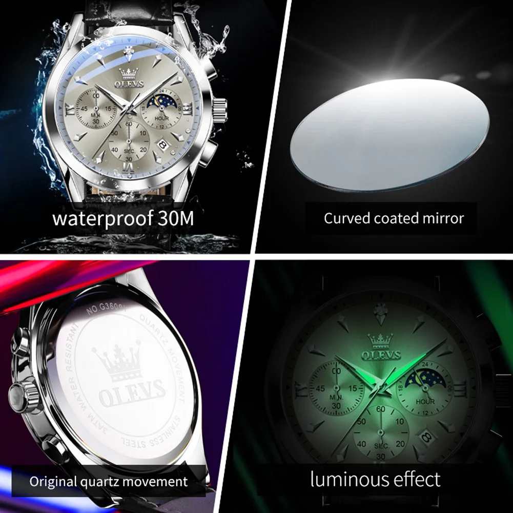 OLEVS Original Quartz Watch for Men Luxury Top Leather Strap Waterproof Moon Phase Chronograph Sports Wristwatch Auto Date Clock