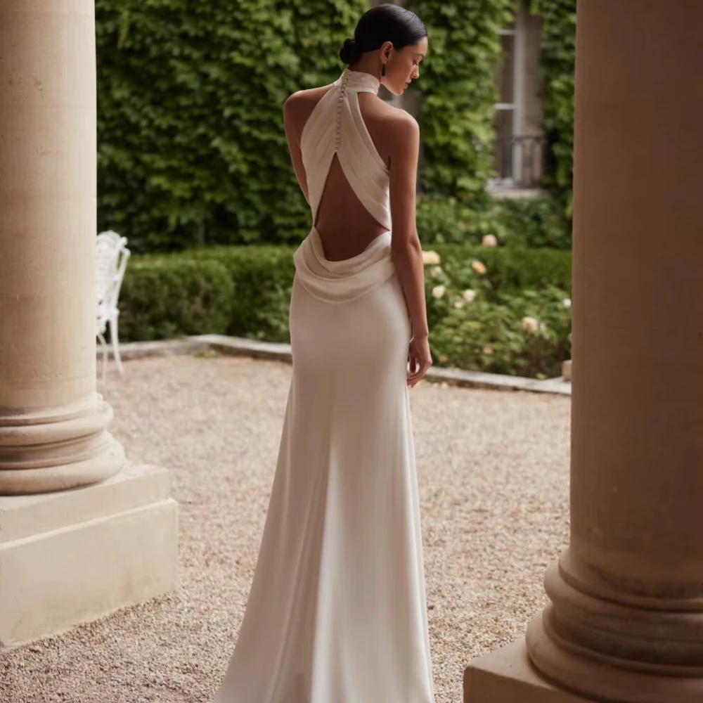 Customized New Pleated Satin Halter Long Wedding Dress Sexy High Slit Backless Beach Bridal Gown Mermaid  Bridal Gown