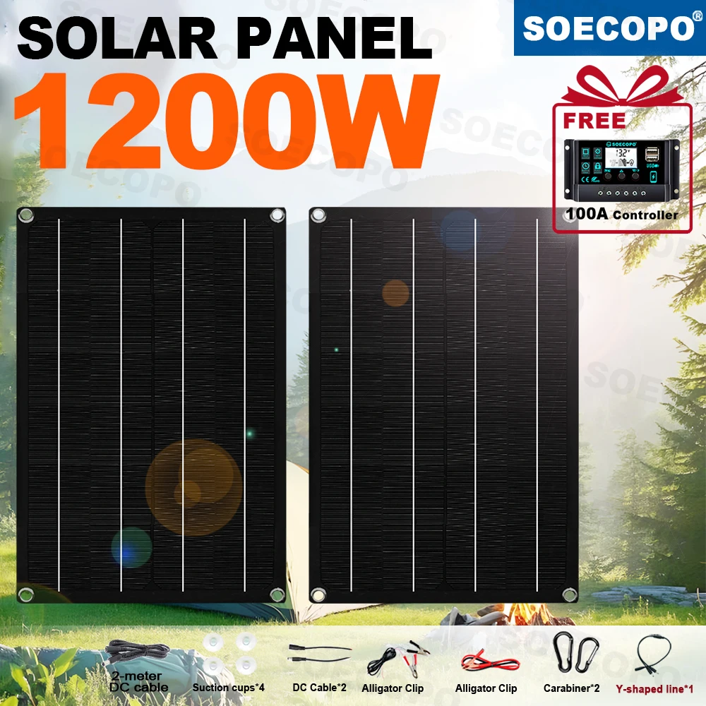 ชุดแผงโซลาร์เซลล์พกพา SOECOPO 1200W 2*600W (12V - 18V) พร้อมคอนโทรลเลอร์ 100A ฟรี ช่อง USB 5V สำหรับชาร์จอุปกรณ์ตั้งแคมป์ 1
