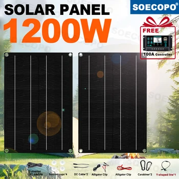 ชุดแผงโซลาร์เซลล์พกพา SOECOPO 1200W 2*600W (12V - 18V) พร้อมคอนโทรลเลอร์ 100A ฟรี ช่อง USB 5V สำหรับชาร์จอุปกรณ์ตั้งแคมป์ 1