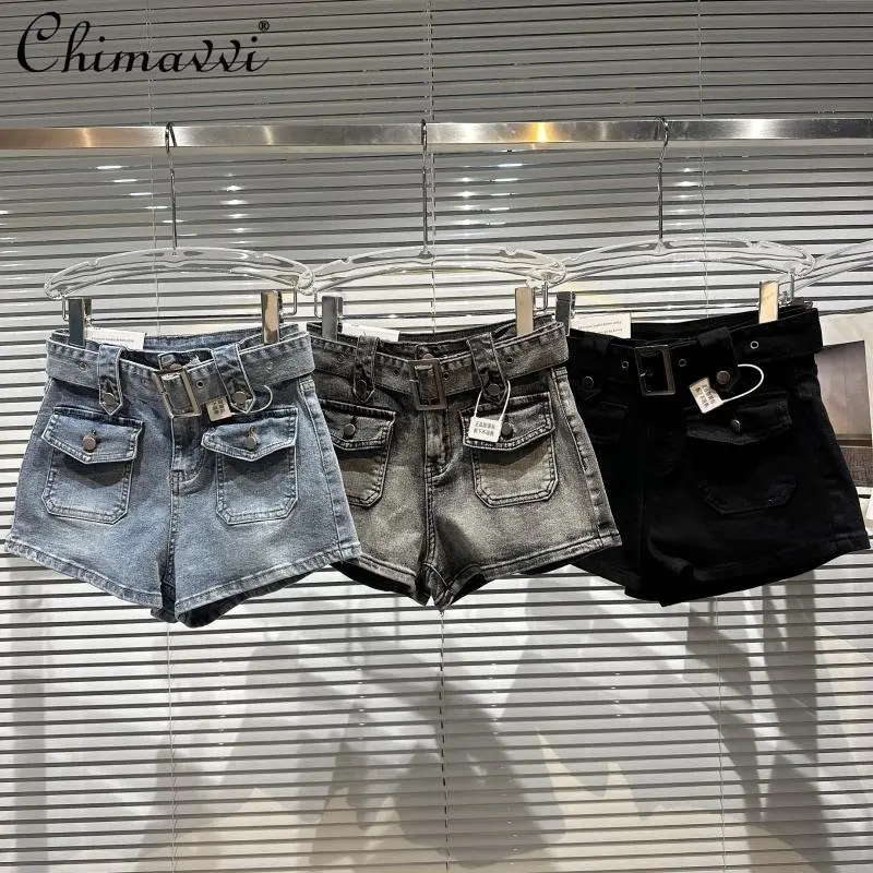 

2023 Spring New Fashion Street Double Pocket Belt Design Jean Shorts High Waist Slimming Temperament Denim Short Pants Women