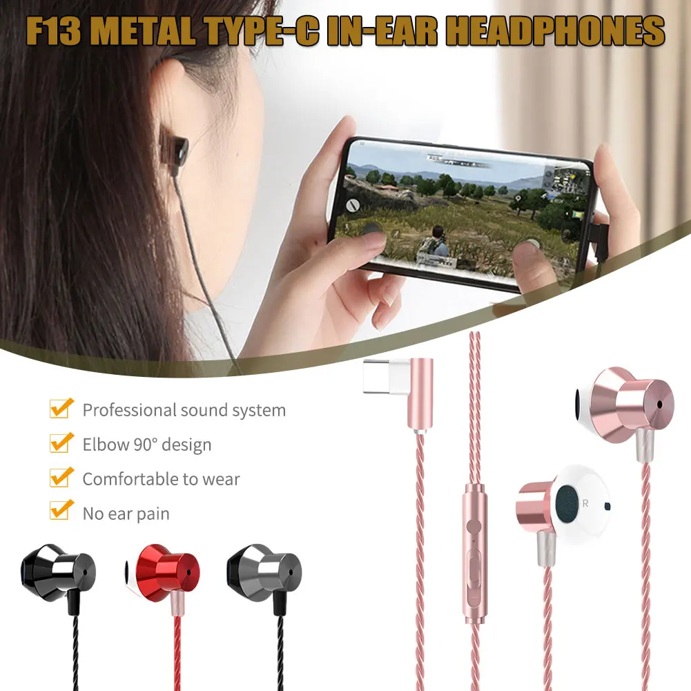 Ergonomic Metal Type C In-Ear Earphones Ergonomic Lightweight Metal Musical Earbuds Mobile Gaming Earphone Huawei