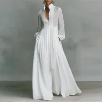 French Elegant High Waist Swing Long Dress Woman Spring Solid Pockets Pleated Maxi Dress Autumn Long Sleeve Button Evening Dress