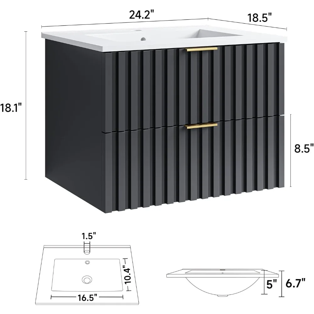 24 Inch Bathroom Vanity with Sink Combo, Floating Bathroom Vanity with 2 Fluted Drawer, Modern Wall Mount Bathroom Cabinet 2