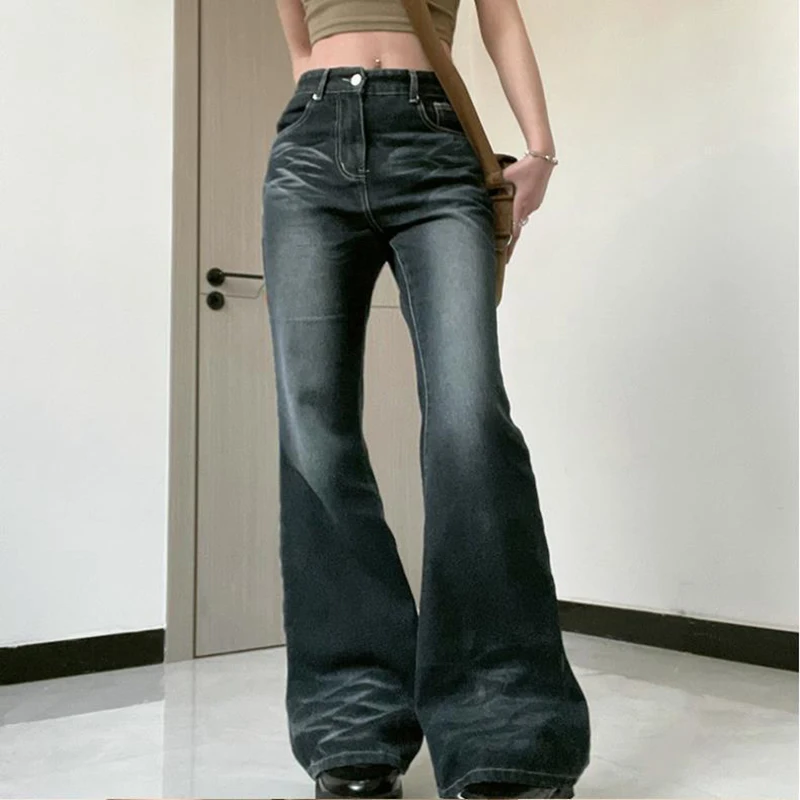 

Womens Bell Bottom Jeans Fashion Slim Mid Waist Stretch Skinny Flare Jeans Spring Autumn Woman Vintage Distressed Denim Trousers