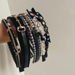 Retro Black White Pearl Headbands French Style Braided Chain Hairbands Sweet Street Head Hoop Crown Hair Accessories for Women