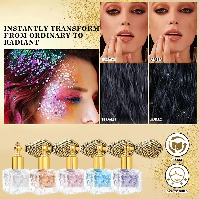 Glitter Spray Diamond Shimmering Multi-Color Brightening Glitter Spray High Gloss Face Body Powder Highlighter Powder Body Makeup Powder