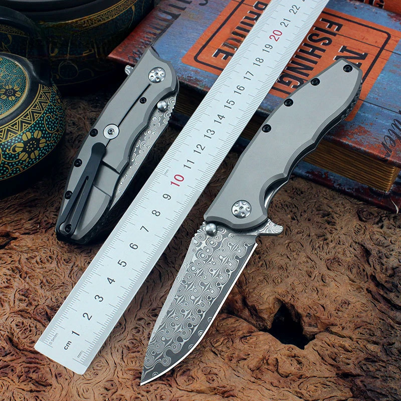 

New Titanium Alloy Handle Folding Knife High Hardness Damascus/D2 Steel Blade Pocket Hunting Camping EDC Survival Flipper Knives