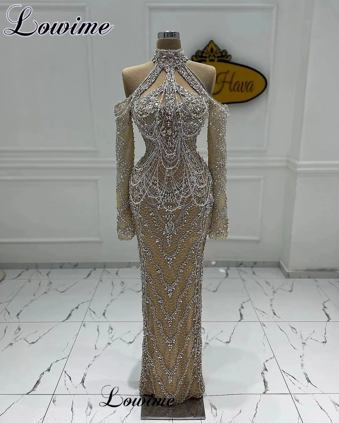 

2024 Luxury Heavy Handmade Sewing Evening Dresses Mermaid Crystals Celebrity Dresses High Neck Cocktail Dresses Robes De Soirée