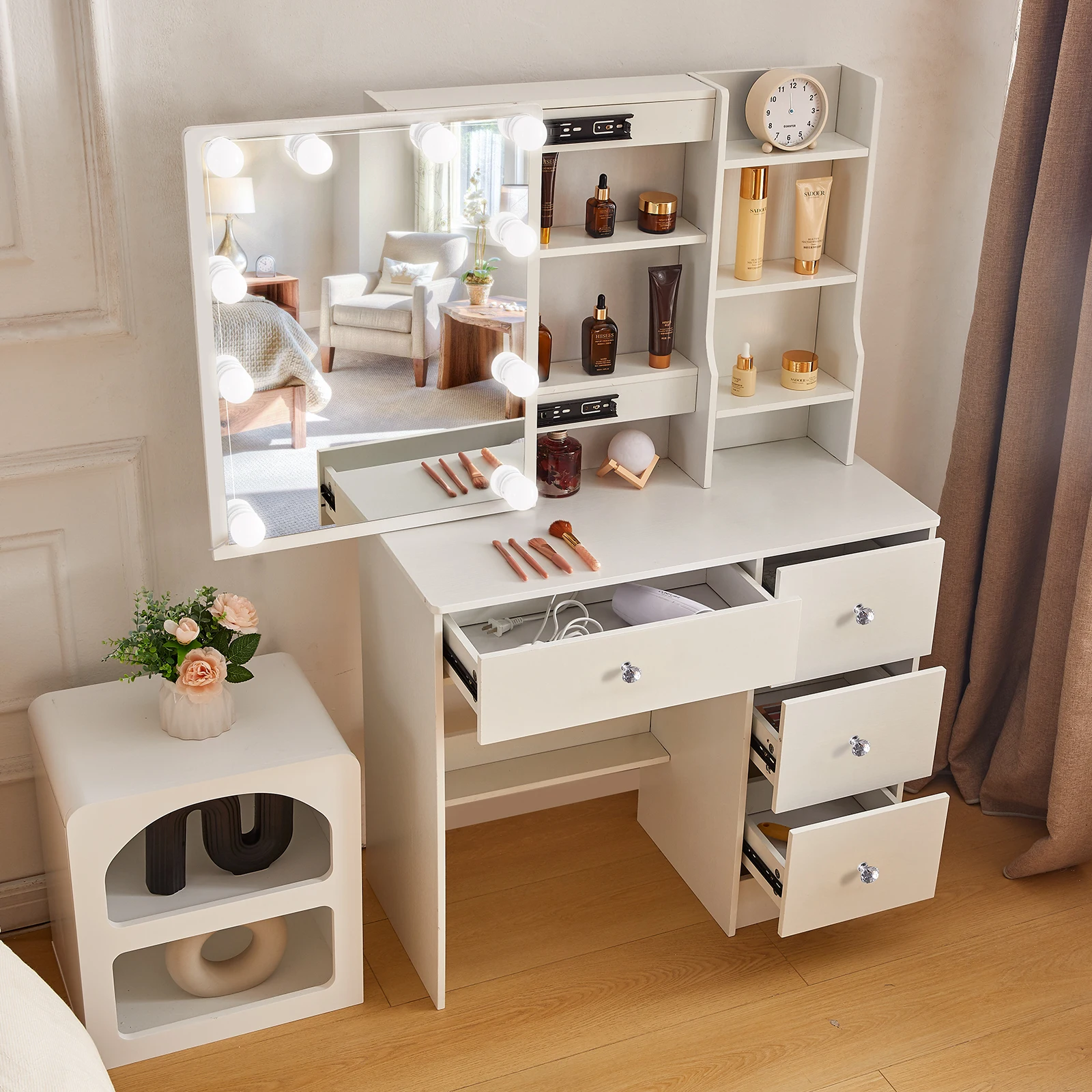 Elegant Wooden Vanity with LED Light Mirror: Adjustable Lighting, Multi-Drawer & Shelf Storage