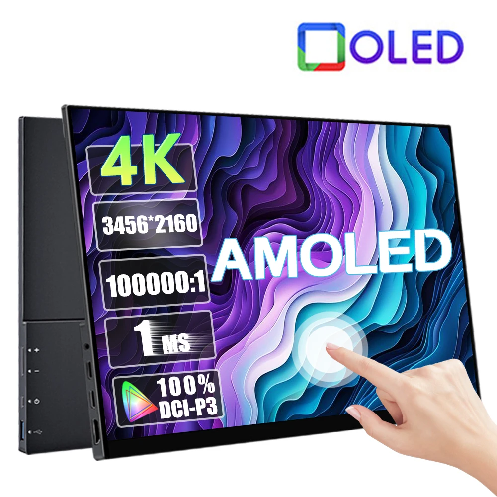 13.3/15.6 인치 4K AMOLED 터치스크린 휴대용 모니터 3456*2160 550Nit 100000 :1 PC 노트북 전화 PS5 X..