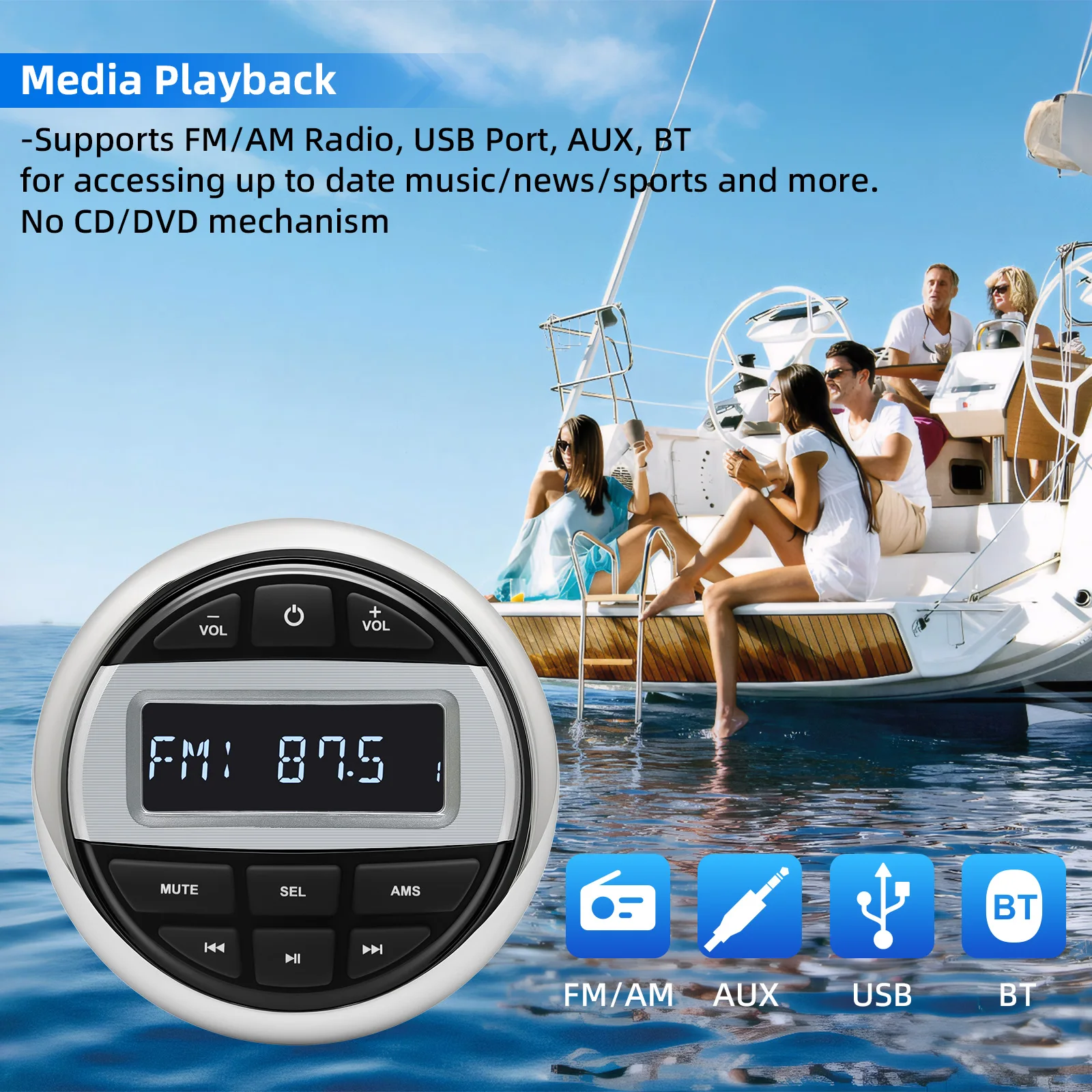 Boat Radio MP3 Media Player Stereo Marine Radio Bluetooth-compatible AUX Interfa