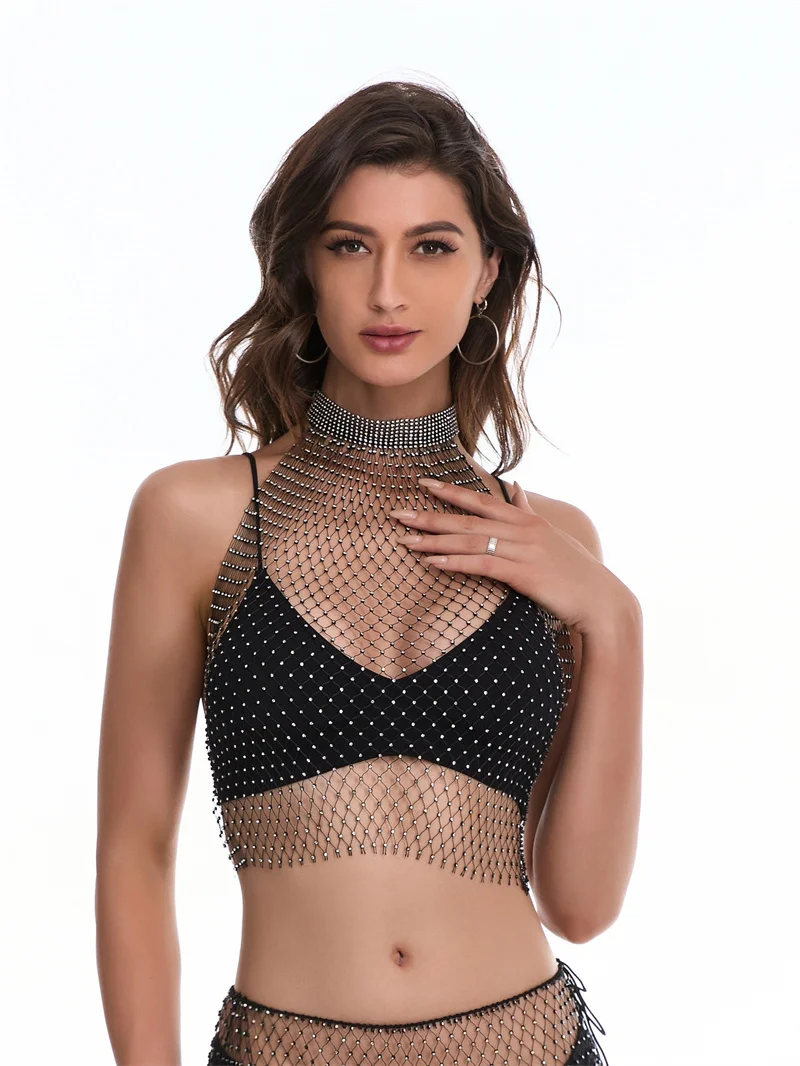 Netzartiges Glitzer-Strass Crop Top Sexy Ausgeschnittenes Mesh-Oberteil Transparente Damen Strand Y2K Camis Kristall-Diamant Club Rave Party Tanktops – Detail 2