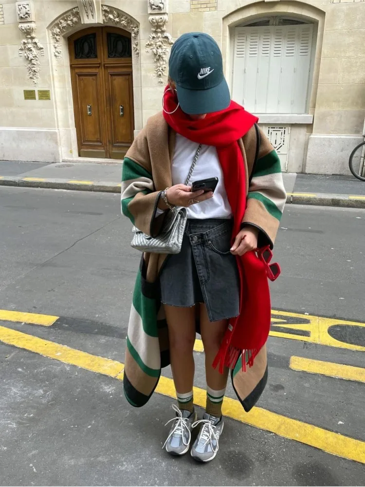 

Fashion Striped Patchwork Long Cardigan Jackets Women 2023 New Full Sleeve Coats Overcoat Female Autumn Winter Street Outerwear