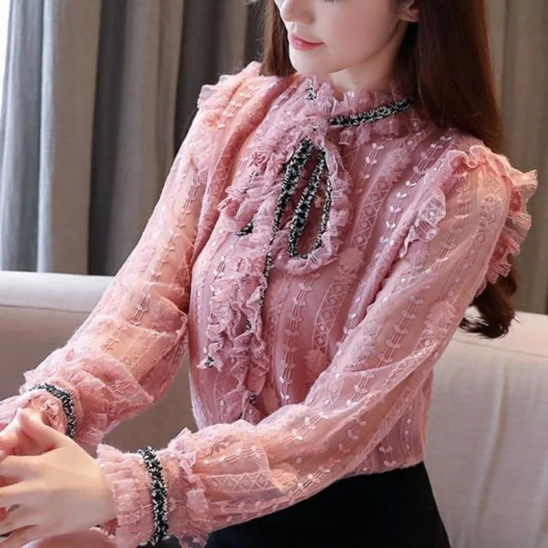 Fashion Spliced Lace Up Bow Floral Ruffles Blouse Women's Clothing 2023 Spring New Loose Casual Pullovers All-match Sweet Shirt