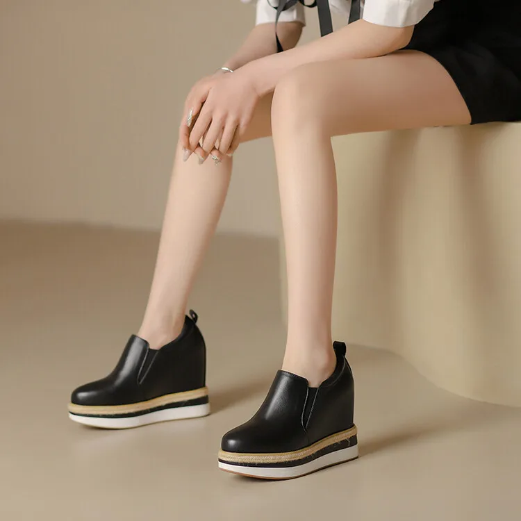 Genuine Cow Leather Handmade High Wedge Sneakers Dynamic Close-Up View