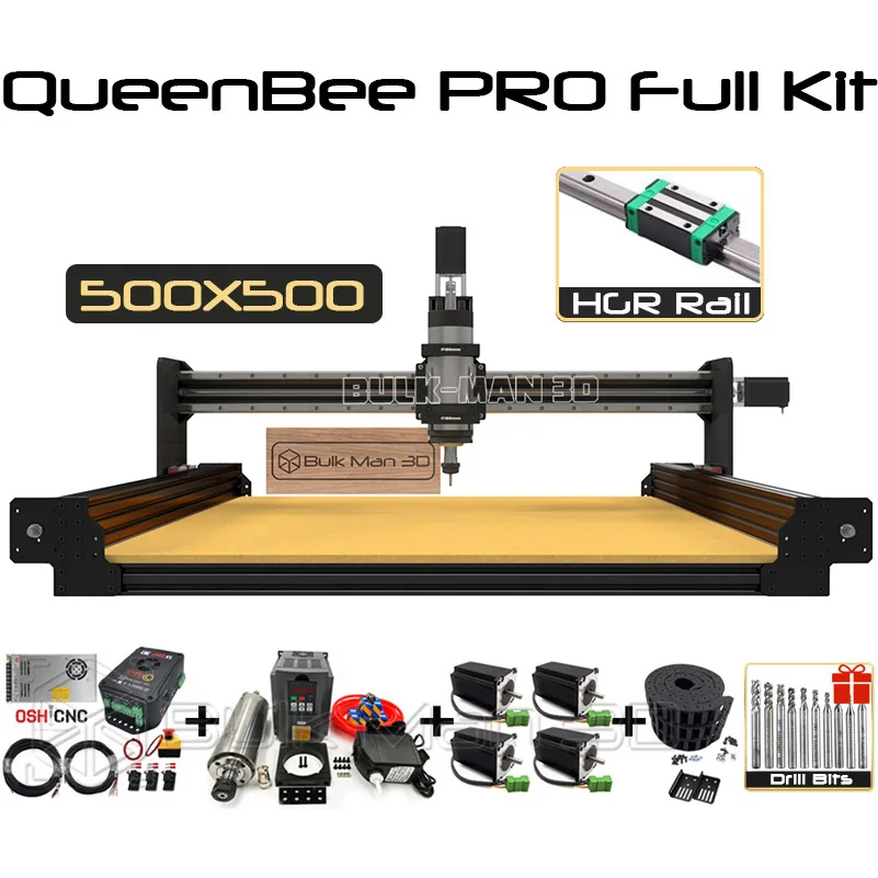 

20% скидка черный 500x500 мм станок с ЧПУ QueenBee PRO Полный комплект линейные рельсы Модернизированный ЧПУ роутер 4-осевой фрезерный гравер BulkMan 3D