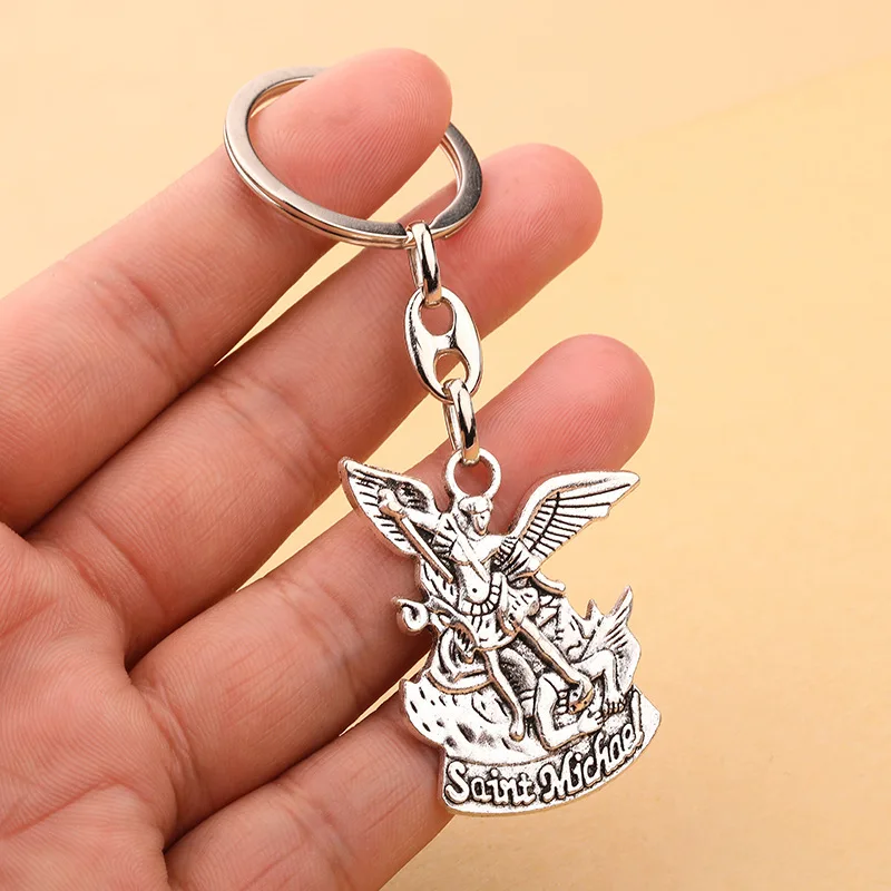 Catholic Keyring Silver Angel Saint Michael Archangel Keychain Pendant for Keys Catholic Christ Pray For Us Key Ring Religious Souvenir Gift