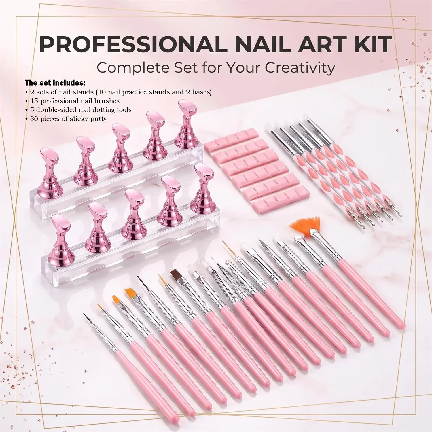 Nail Art Creativity Kit | Complete Set with Brushes, Dotting Pens, Practice Holder & Adhesive Putty