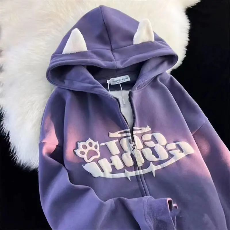 

American Retro Devil Letter Print Hoodies Women Autumn Winter Cardigan Oversized Loose Zipper Hoodie Y2k Harajuku Casual Jackets