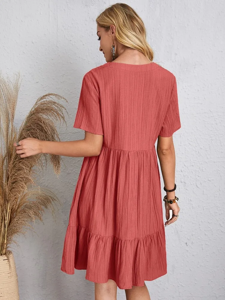 Elegant V Neck Ruffle Mini Dress - Womens Casual Summer Sundress