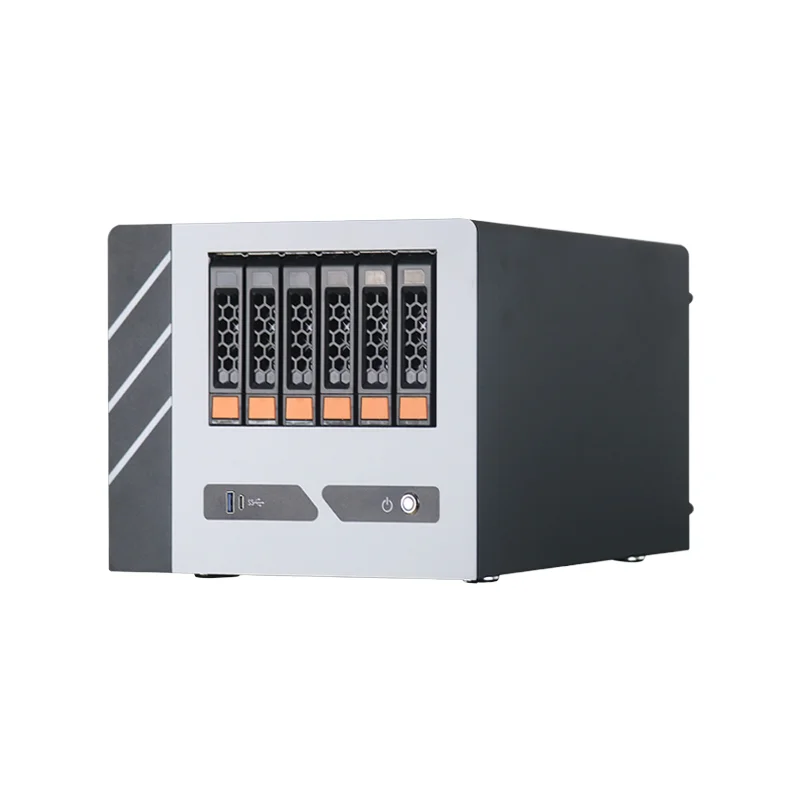 핫스왑 가능한 6드라이브 NAS PC 케이스 (미니 ITX 마더보드, 파워 서플라이 및 팬 포함) 가정용 스토리지 서버 (중고 제품)