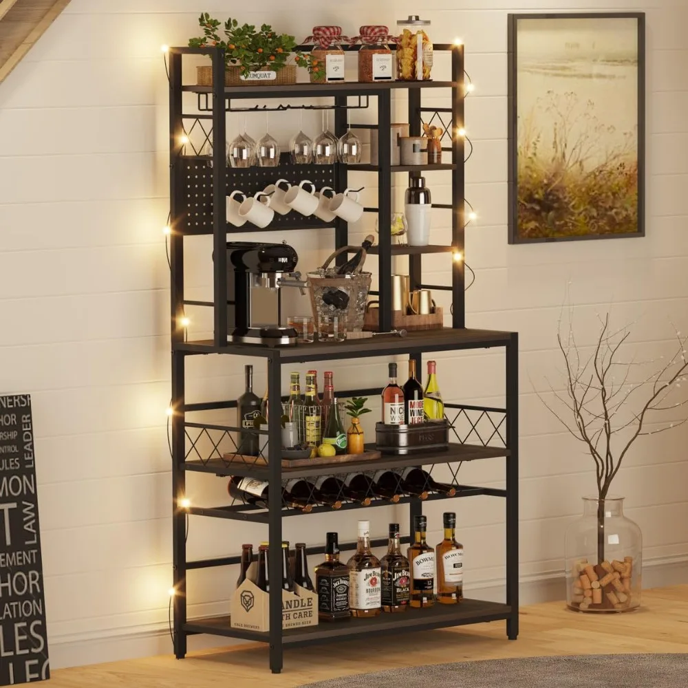 Wine Rack Freestanding Floor, Liquor Bar Cabinet with Storage, Coffee Bar Table with Glass Holder，Bakers Stand for Home
