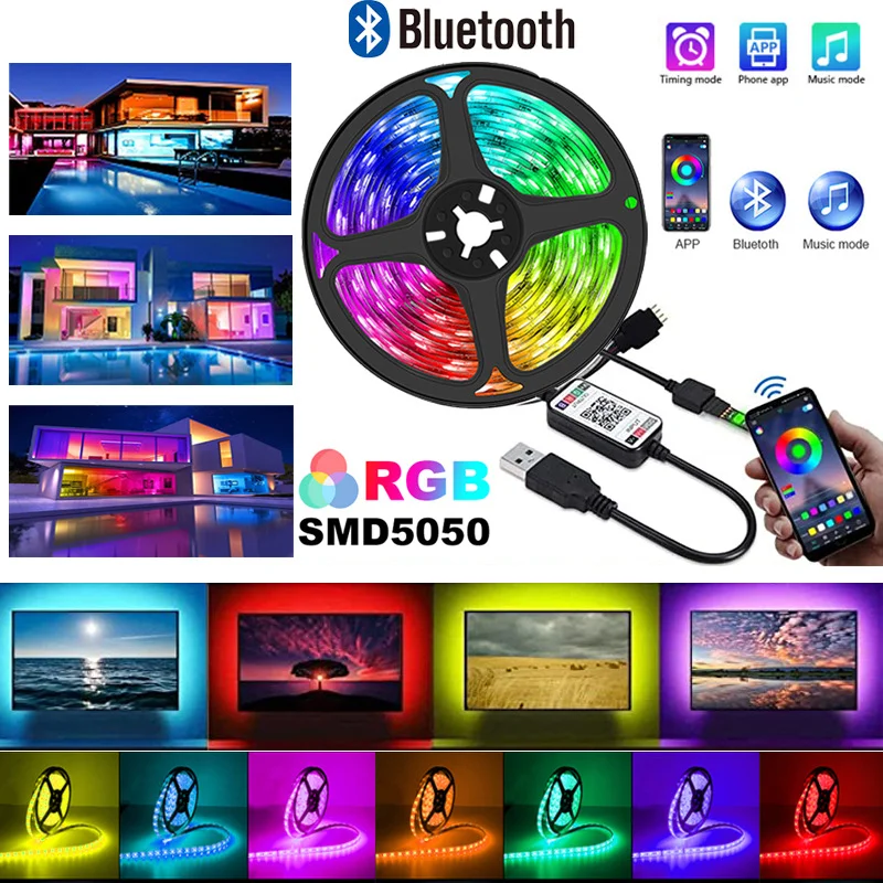 

LED Strip Lights for Party and Home, RGB 5050, Bluetooth, Music Sync, Color Changing, 5V, 1m-30m, 16 million Colors
