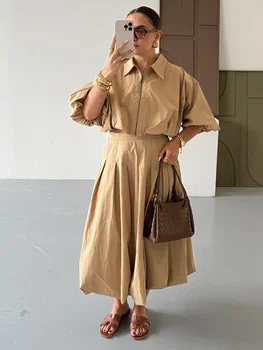 Spring Short Top Women 2 Pieces Set Elegant Turn-down Puff Sleeve Zipper Tops Suit 2026 Pleated Office Ladies Long Skirt Sets 1