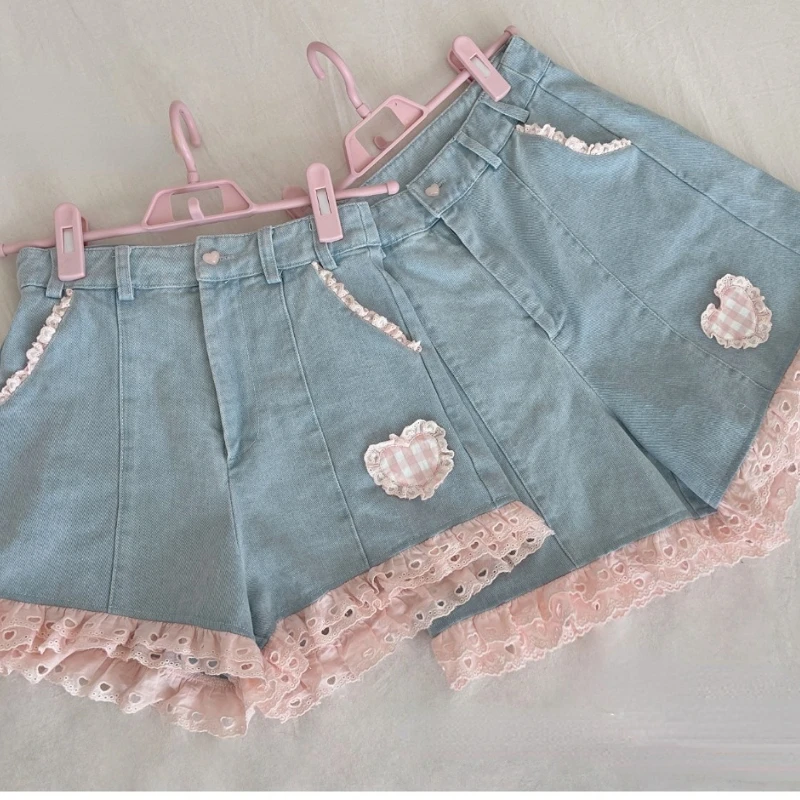 Blue Vintage Lace Ruffle Shorts Jeans Women Sweet Plaid Print High Waist Denim Short Pant Harajuku Kawaii Y2k Aesthetic Clothes images - 6