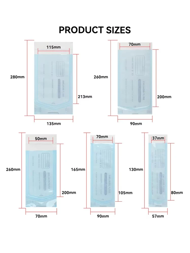 200pcs/bag Tattoo Accessories Disposable Self-sealing Sterilization Pouches 5 Sizes Self-adhesive Clean Bags
