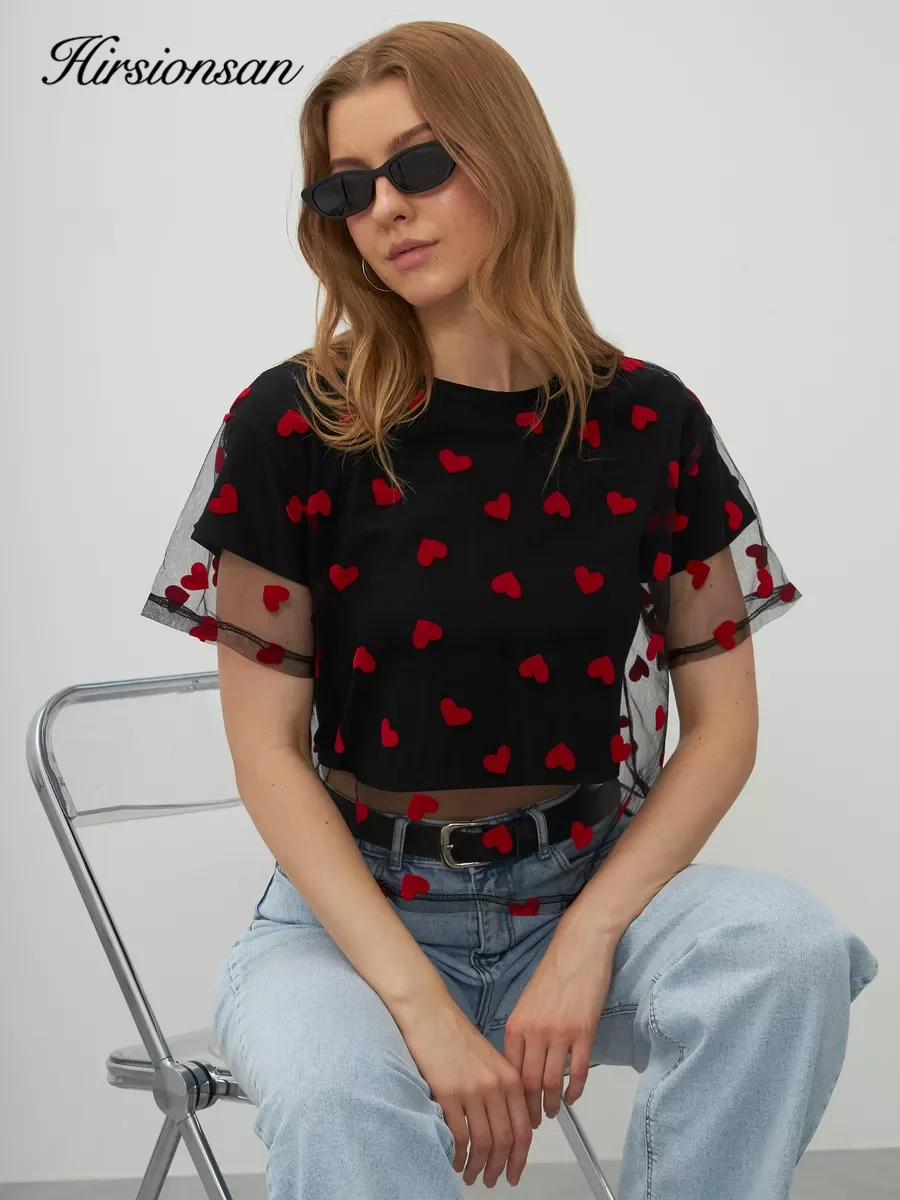 Heart Mesh Patchwork Vintage Chic T-Shirt - Women's Casual Cotton Short Sleeve Tops